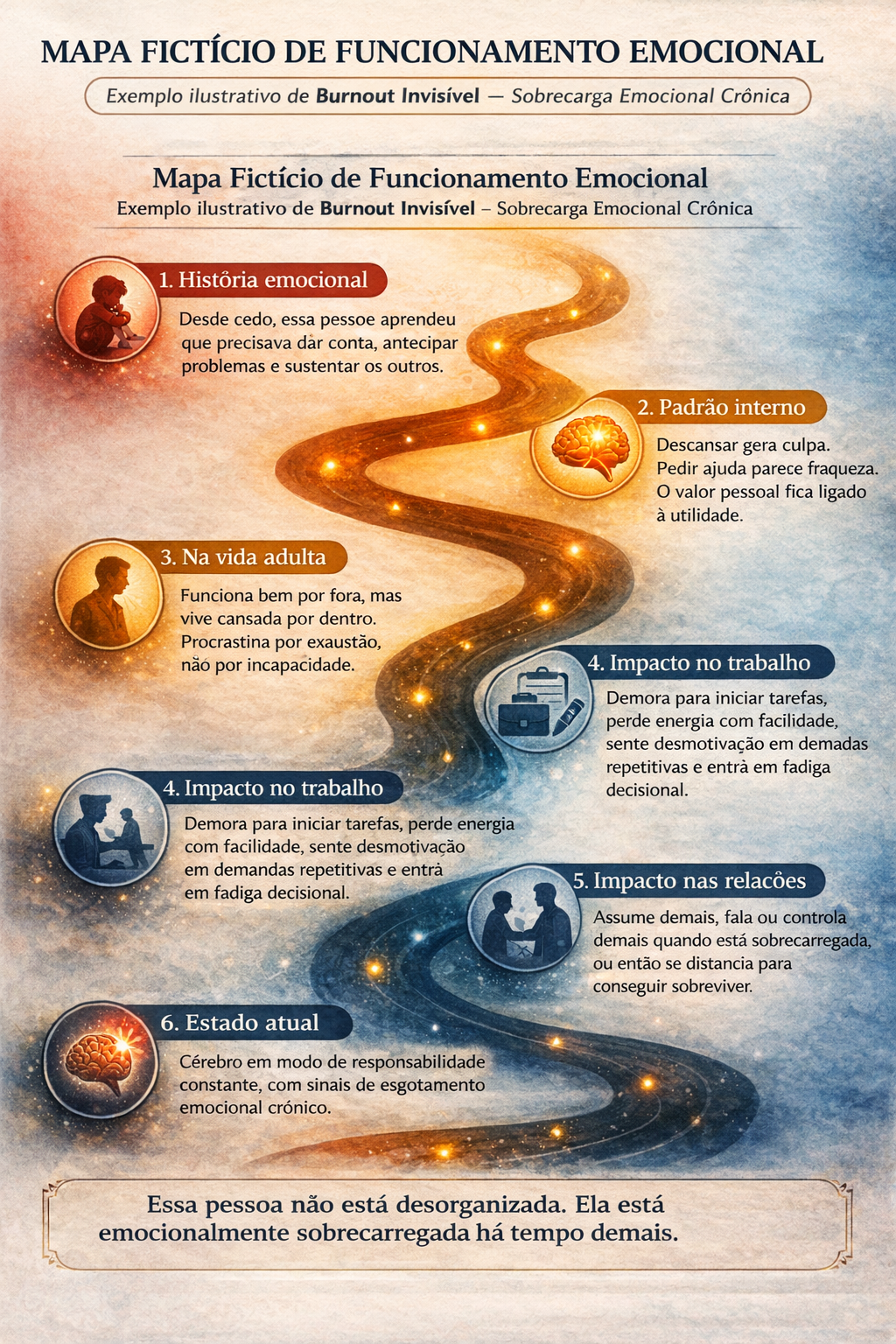 Mapa fictício de funcionamento emocional relacionado ao burnout invisível